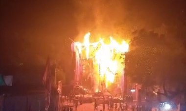 जबलपुर में 51 फीट ऊंची प्रतिमा में लगी आग:आज होना था मां काली की प्रतिमा का विसर्जन, मधुमक्खी का छत्ता हटाते समय हुआ हादसा