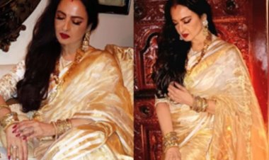 जब सुनहरी साड़ी में दिखीं दिग्गज अभिनेत्री रेखा, अदा पर लोग हो गए फिदा