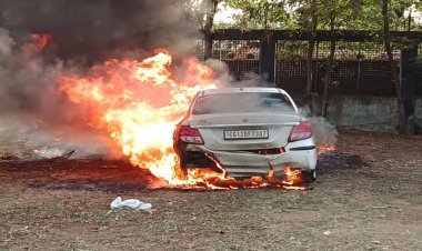 थाना परिसर में लगी आग से मची अफरा-तफरी, आरक्षक की कार जलकर खाक