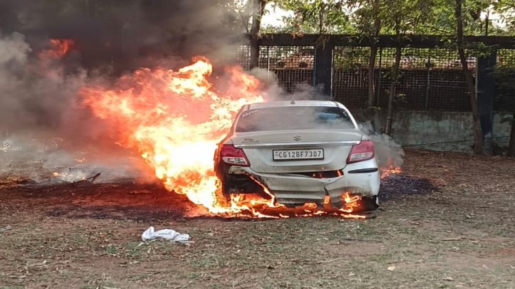 थाना परिसर में लगी आग से मची अफरा-तफरी, आरक्षक की कार जलकर खाक