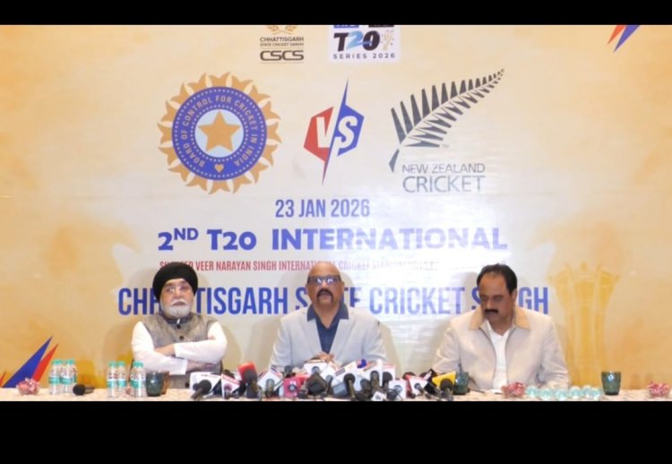रायपुर ब्रेकिंग -   23 जनवरी को राजधानी रायपुर में भारत VS न्यूज़िलैंड T20 महा मुकाबला   मैच को लेकर छत्तीसगढ़ स्टेट क्रिकेट संघ CSCS की प्रेस वार्ता