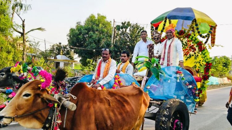 CG – विधायक का स्वैग : बैलगाड़ी पर सवार होकर बारात पहुंचे विधायक, बारात में दिखी छत्तीसगढ़ी संस्कृति की झलक
