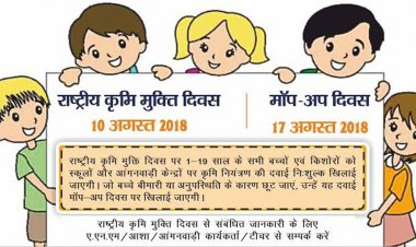 10 अगस्त को राष्ट्रीय कृमि मुक्ति दिवस व 17 अगस्त को मॉप-अप दिवस
